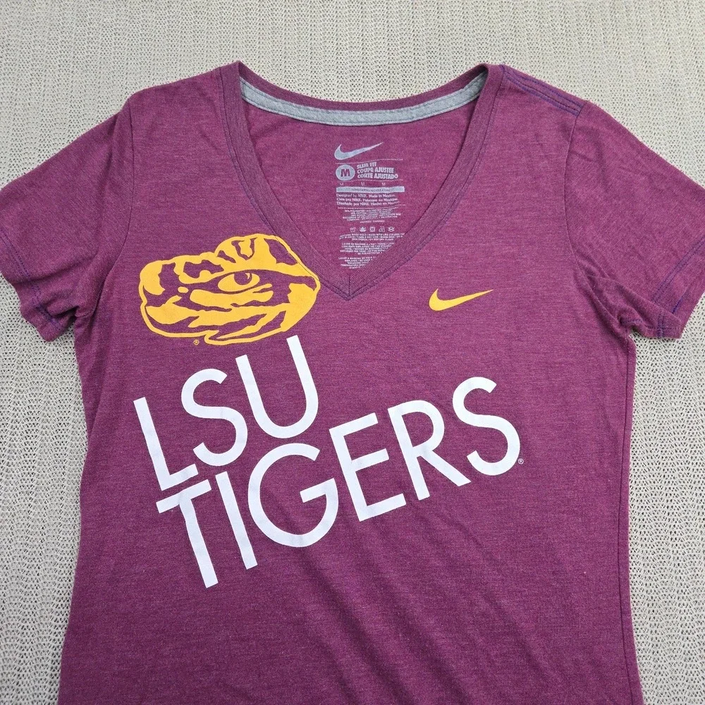 Nike LSU Tigers Shirt Womens Medium Purple V-Neck Short Sleeve SEC Football